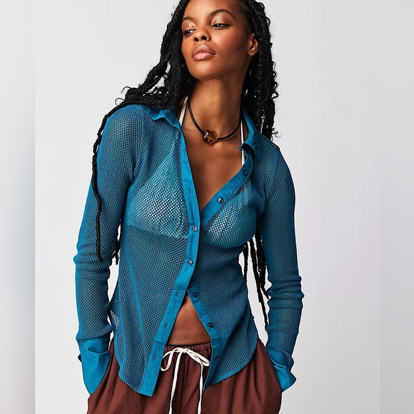 NEW Free People Siggi Button Down Shirt In Crystal Teal Blue - Picture 1 of 14